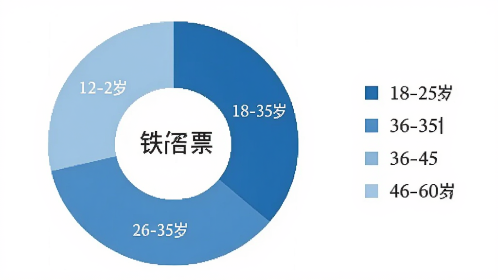 一张AI生成的数据统计图,画面展示铁路订票软件用户年龄分布饼状图,分为18-25岁、26-35岁、36-45岁、46-60岁四个区间,用不同深浅的蓝色区分,图表旁边有简洁的图例说明,整体风格商务简洁,白色背景,画质干净无多余元素,图片中带“铁路订票”文字