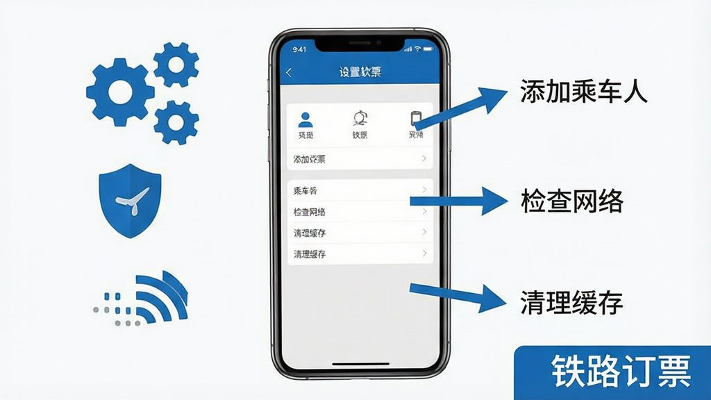 一张AI生成的应用操作指南图,画面中一部手机展示铁路订票软件的设置页面,周围有齿轮、盾牌、网络信号等图标,用箭头标注“添加乘车人”“检查网络”“清理缓存”等步骤,风格简洁明了,蓝色和灰色为主色调,画质干净无多余元素,图片中带“铁路订票”文字