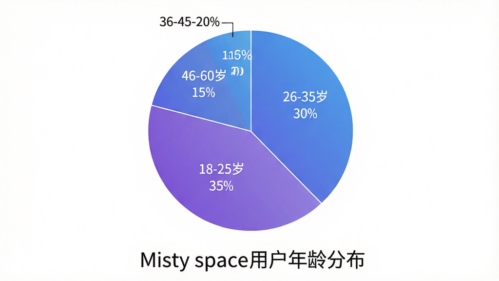 һ��չʾMisty space�û�����ֲ��ı�״ͼ������������һ��Բ�α�ͼ����Ϊ�ĸ��������򣬷ֱ��ע18-25��35%��26-35��30%��36-45��20%��46-60��15%����ͼ��ɫΪ���Ͻ���ϵ�������Ǽ��İ�ɫ��ͼ���·���ʾ