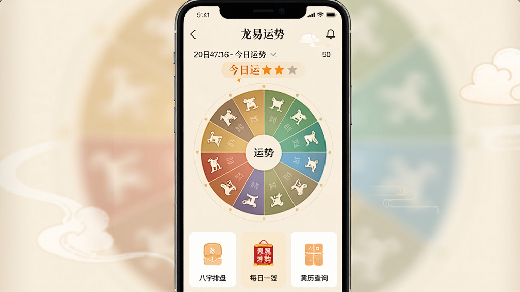 һ���ֻ�Ӧ��������չʾͼ�����������ǡ��������ơ�APP����ҳ��������ʾ���ںͽ��������Ǽ����м���ʮ����Ф�������̣��·��а������̡�ÿ��һǩ��������ѯ�ȹ�����ڣ����岼������������Ϊ���ŵ��װ�ɫ����������ִ���ϸ�ھ��£����ʸɾ��޶���Ԫ��