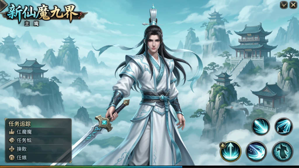 新仙魔九界游戏主界面截图,画面中央展示一位身着白衣的仙侠角色手持长剑,背景是云雾缭绕的仙山楼阁,画面下方有任务追踪栏和技能图标,整体色调以青蓝和白色为主,风格为唯美中国风,画质清晰,细节丰富,干净无多余元素