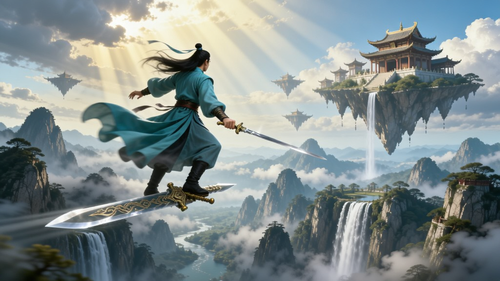 新仙魔九界御剑飞行场景,一位身着青衣的修仙者脚踏飞剑穿梭在云层之中,下方是层峦叠嶂的仙山和瀑布,远处有悬浮的宫殿建筑群,阳光穿透云层形成光柱,风格为东方玄幻,画质细腻,色彩鲜艳,干净无多余元素