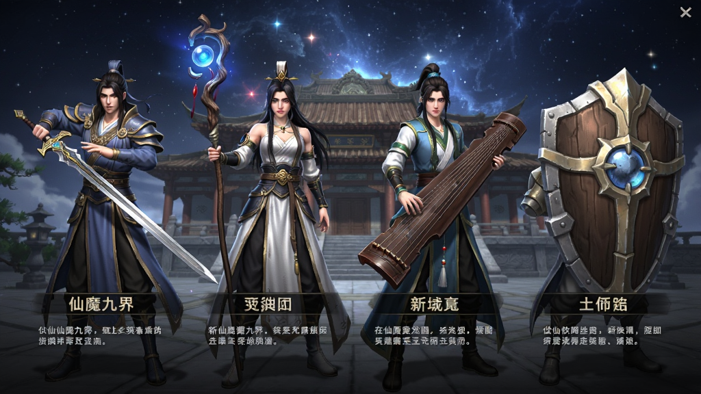新仙魔九界职业选择界面,画面中并排站立四位角色,分别手持长剑、法杖、古琴和巨盾,每位角色下方有职业名称和简介文字,背景为星空和宗门大殿,风格为仙侠游戏角色展示,画质高清,人物造型精致,干净无多余元素