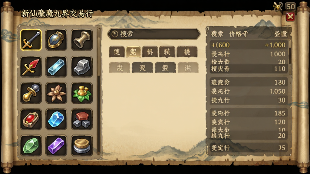 新仙魔九界交易行界面,界面左侧列出各种装备和材料图标,右侧显示价格和数量,中间有搜索栏和分类标签,背景为古风卷轴样式,风格为游戏UI界面,细节清晰,文字可辨,干净无多余元素