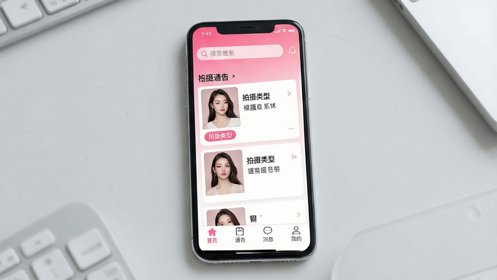 ����ģ��App������չʾ�������������ֻ���Ļ����Ļ����ʾ����ģ��Ӧ����ҳ���������������м���ģ��ͨ�濨Ƭ�б�����Ƭ����ģ��ͷ����������ͱ�ǩ���ײ�������Ϊ��ҳ��ͨ�桢��Ϣ���ҵ��ĸ�ͼ�꣬���������¼�Լ����ɫ��Ϊ�۰׽��䣬����Ϊǳ��ɫ���棬���ʸɾ��޶���Ԫ��