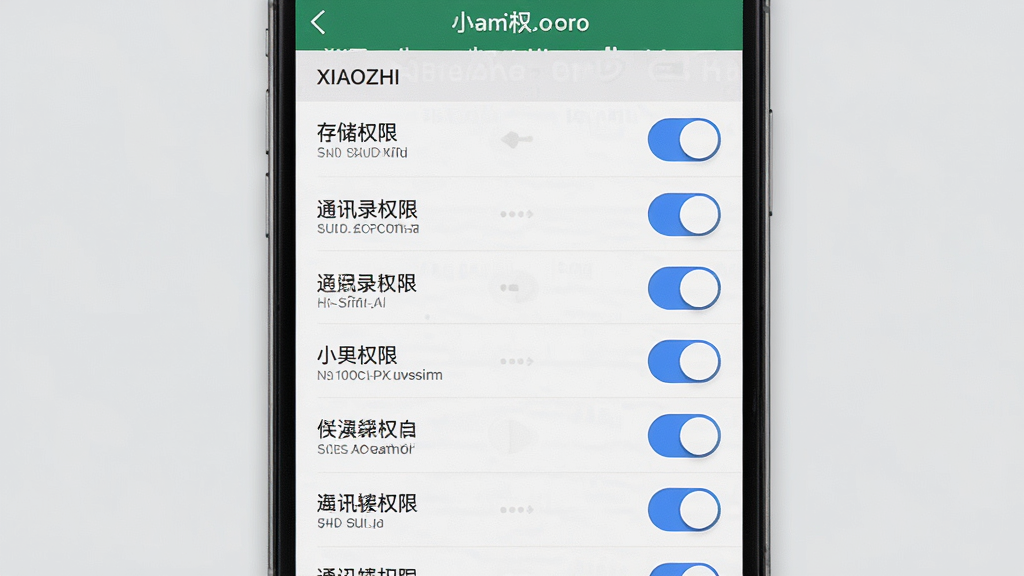 һ��չʾС��XIAOZHI��װȨ�����õ���ϸ��ͼ���������ֻ���Ļ��ʾӦ��Ȩ�޹������棬����Ϊ�б�ʽ���أ��Ű����������Ϊϵͳԭ���磬ϸ�ڰ������洢Ȩ�ޡ���ͨѶ¼Ȩ�ޡ������ֺͿ��ذ�ť�����ʸɾ����޶���Ԫ�أ�����Ϊǳ��ɫ��