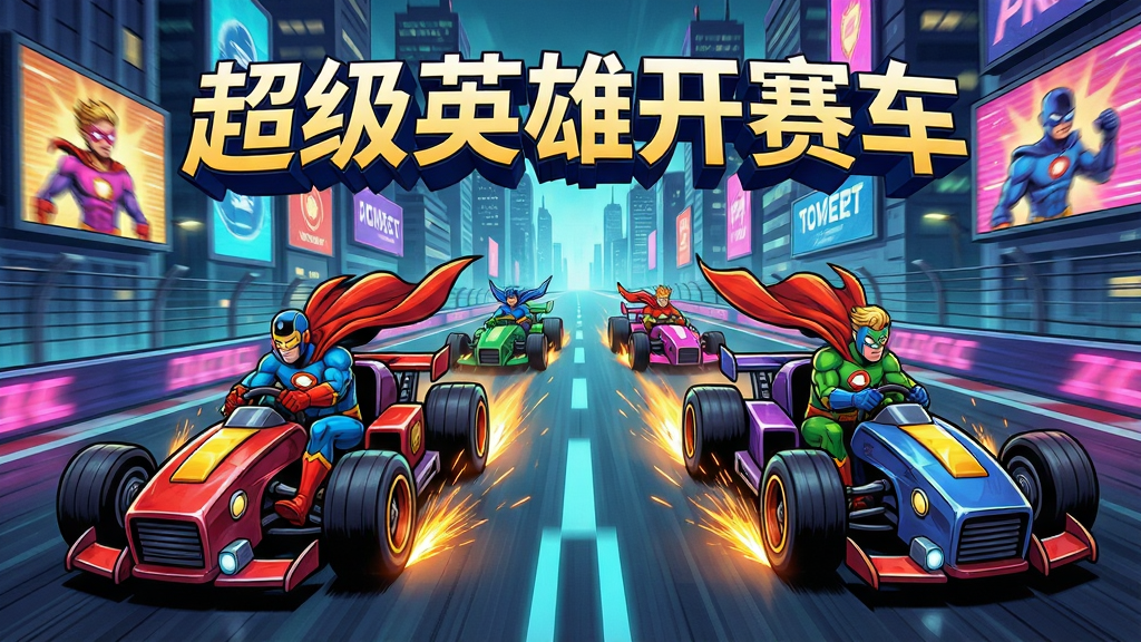 一张充满动感的游戏宣传图,主体是几位穿着标志性战衣的超级英雄驾驶着造型夸张的赛车在霓虹闪烁的城市赛道上飞驰,画面布局采用中心透视构图,赛道向远方延伸,两侧有高楼和广告牌,排版上游戏名称“超级英雄开赛车”以立体粗体字悬浮在画面正上方,风格是美漫结合赛博朋克,细节上赛车轮胎摩擦出火花,英雄披风随风飘扬,画质高清,色彩鲜艳,干净无多余元素