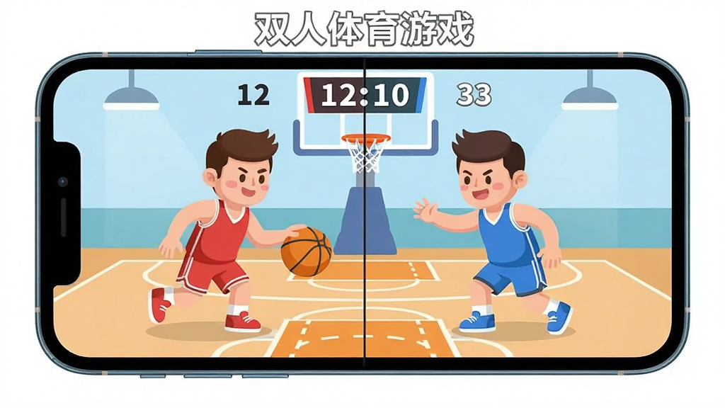 生图提示词:一张展示双人体育游戏本地同屏对战场景的图片,画面中一部手机横屏放置,屏幕从中间分为左右两半,左边是一个穿着红色球衣的卡通人物在打篮球,右边是一个穿着蓝色球衣的卡通人物在防守,屏幕上方显示比分“12:10”,背景是简洁的篮球场,风格为扁平化卡通,细节圆润,画质干净,无多余元素,图片中文字包含“双人体育游戏”