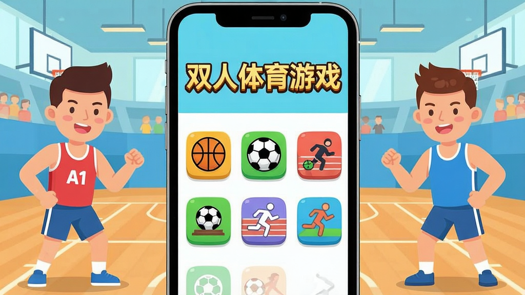 一张展示双人体育游戏主界面的图片,画面中央是手机屏幕,屏幕里显示双人体育游戏的标题“双人体育游戏”,下方有篮球、足球、田径等多个体育项目图标整齐排列,屏幕两侧分别站着两个卡通风格的运动员角色准备就绪,背景是简洁的体育馆场景,色彩明亮活泼,扁平化设计风格,画质干净清晰,无多余元素
