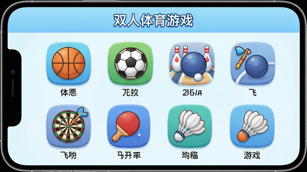生图提示词:一张展示双人体育游戏内多个体育项目选择界面的图片,画面中央是手机屏幕,屏幕里以网格形式排列着篮球、足球、保龄球、飞镖、乒乓球、羽毛球等运动图标,每个图标下方有对应的中文名称,背景是浅蓝色渐变,风格简洁明快,图标设计圆润可爱,画质干净清晰,无多余元素,屏幕顶部有“双人体育游戏”字样