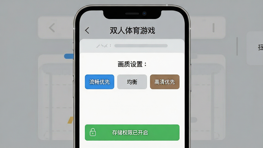 生图提示词:一张展示双人体育游戏新手设置界面的图片,画面中央是手机屏幕,屏幕上显示权限设置和画质选择选项,有“流畅优先”“均衡”“高清优先”三个按钮,下方有“存储权限已开启”的绿色提示,背景是简洁的灰色界面,风格现代扁平,文字清晰可辨,画质干净,无多余元素,屏幕顶部有“双人体育游戏”标题