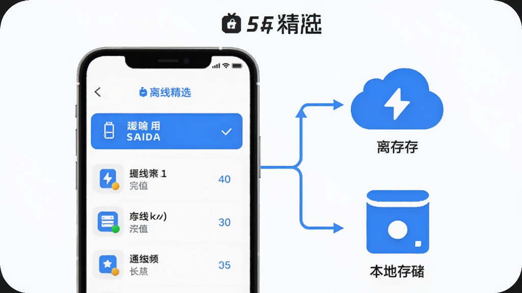 一张表现“每日精选”离线缓存功能的示意图,画面中一部手机显示下载完成列表,旁边有云端和本地存储的图标连接,风格简约科技感,蓝白主色调,画质干净清晰