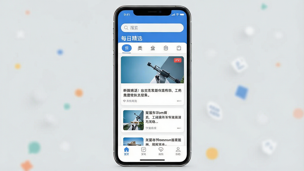 一张展示“每日精选”App主界面的手机屏幕截图,画面中央是清爽的资讯卡片信息流,顶部有搜索栏和分类标签,底部导航栏清晰,整体采用蓝白配色,风格简约现代,画质干净无多余元素