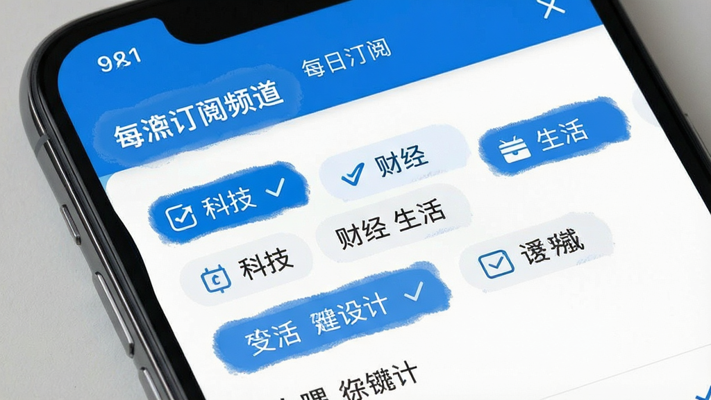 一张展示“每日精选”个性化订阅频道设置界面的手机截图,屏幕上显示多个可勾选的频道标签,如科技、财经、生活、设计,已选中的标签高亮显示,界面简洁,蓝白配色,画质干净