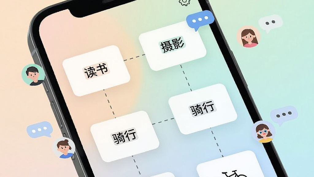 一个圈圈应用内的圈子匹配界面,手机屏幕特写,屏幕中显示多个兴趣圈子卡片,卡片上有