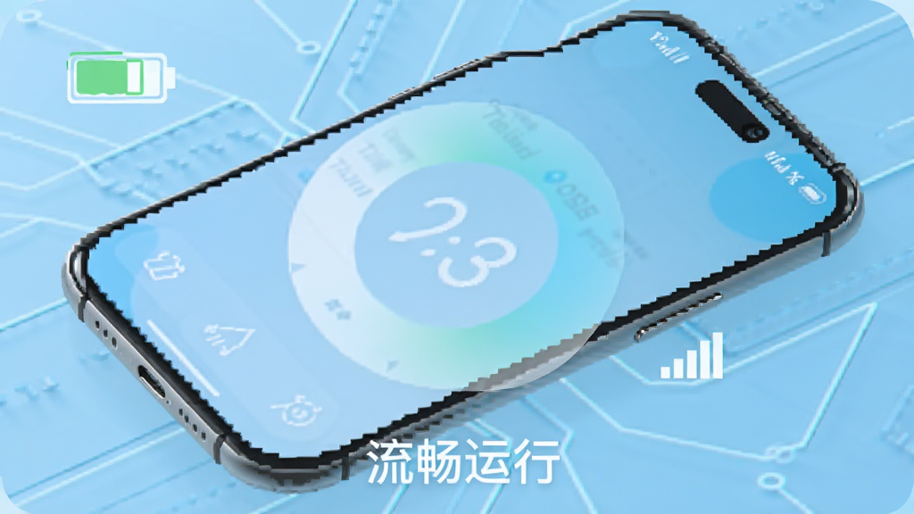 一个圈圈应用在手机上的运行状态展示,手机屏幕显示应用界面,旁边有电池图标和信号图标,屏幕下方有