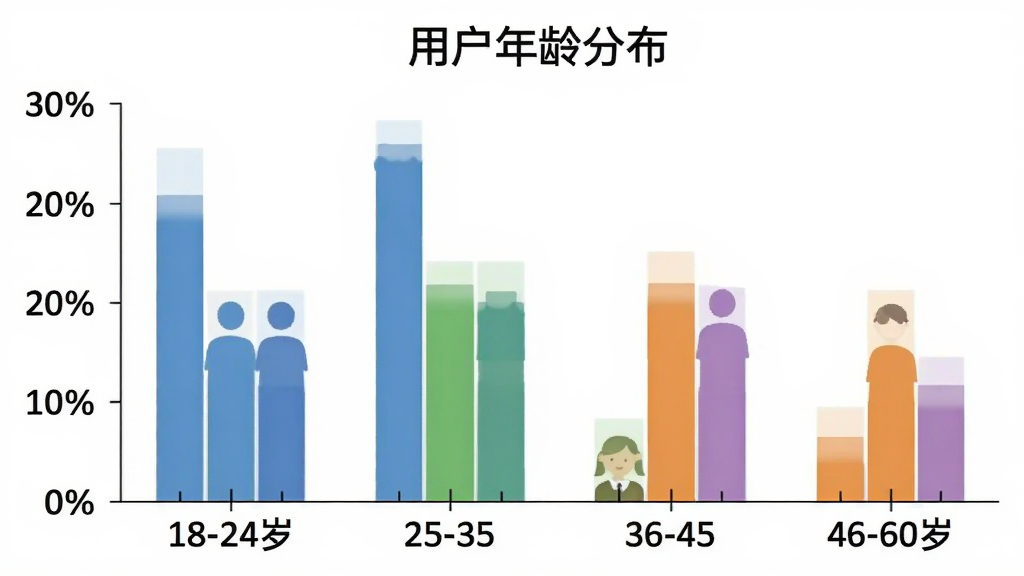 一个圈圈用户年龄分布柱状图,横轴为年龄段18-24岁、25-35岁、36-45岁、46-60岁,纵轴为用户占比百分比,柱状图颜色分别为蓝色、绿色、橙色、紫色,图表上方有