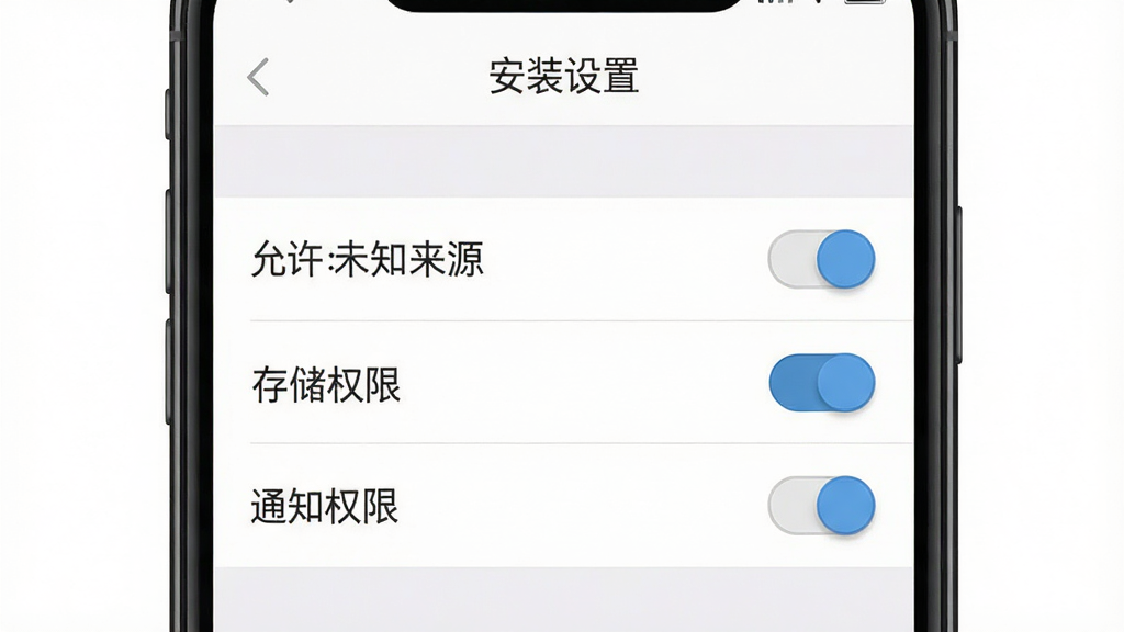 一个圈圈应用安装设置界面示意图,手机屏幕显示设置菜单,菜单项包括
