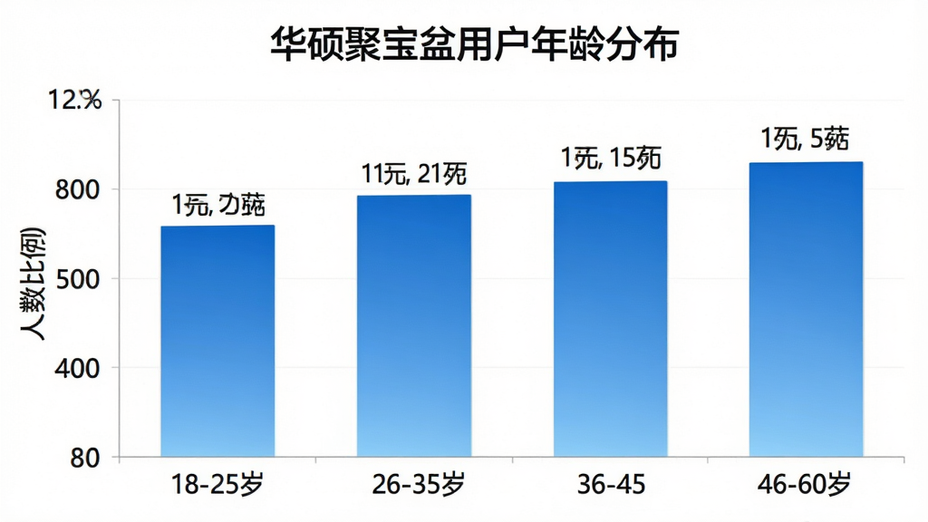 一张柱状图展示不同年龄段用户使用“华硕聚宝盆”的人数占比,横轴为年龄段18-25岁、26-35岁、36-45岁、46-60岁,纵轴为人数比例,柱状图颜色为蓝色渐变,图表标题为“华硕聚宝盆用户年龄分布”,背景干净,数据标签清晰,画质整洁无多余元素