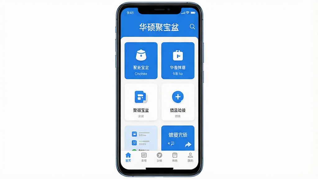 一张展示“华硕聚宝盆”应用主界面的手机样机图,画面中央是手机屏幕,屏幕内显示应用首页布局,顶部有“华硕聚宝盆”文字标识,中间区域排列着功能卡片和图标,底部有导航栏,整体配色为蓝白相间,风格简洁现代,细节清晰,画质干净,无多余元素