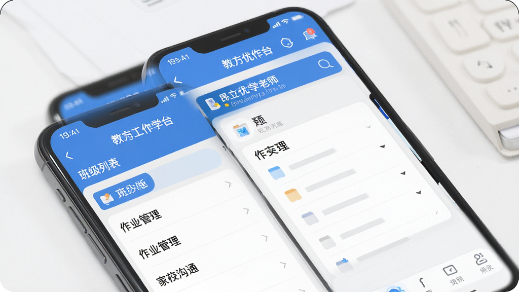 昂立优学老师 教学管理工具 手机界面展示 教师工作台 班级列表 作业管理 家校沟通 扁平化设计 蓝白配色 干净清爽 无多余元素 高画质