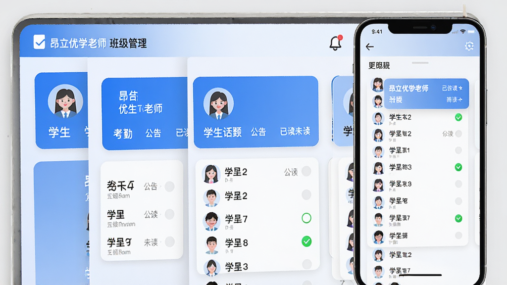 昂立优学老师 班级管理界面 多个班级卡片 学生名单 考勤标记 公告已读未读状态 手机屏幕 扁平化UI 蓝白配色 干净布局 高清画质