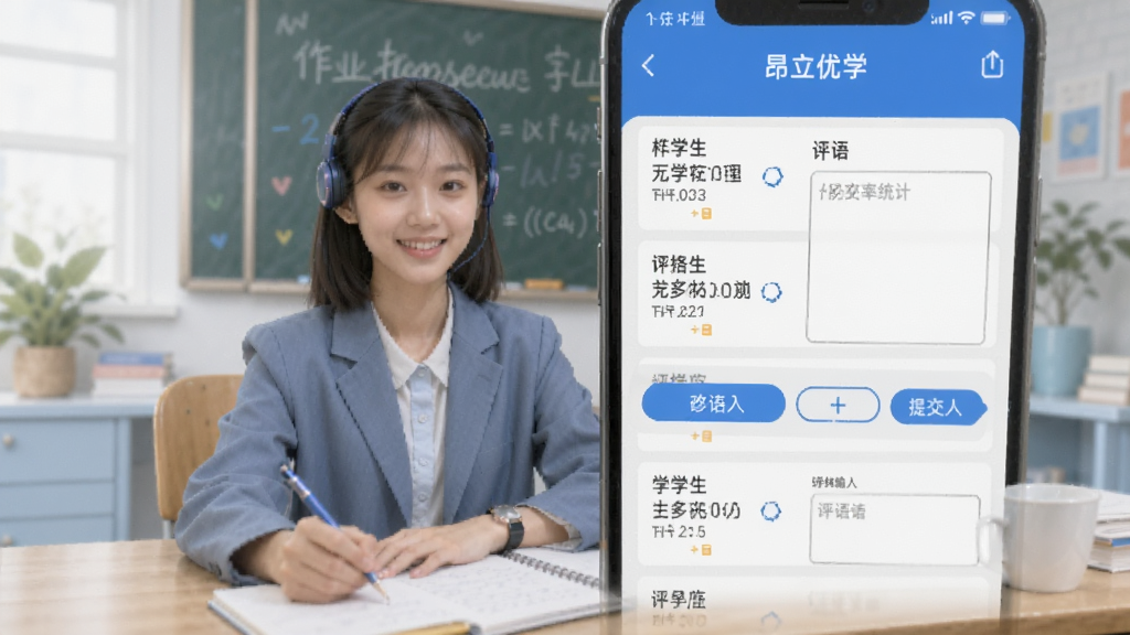 昂立优学老师 作业批改界面 手机屏幕显示学生提交的作业列表 批改按钮 评语输入框 提交率统计 教师批改场景 简洁扁平化设计 蓝白配色 高清画质