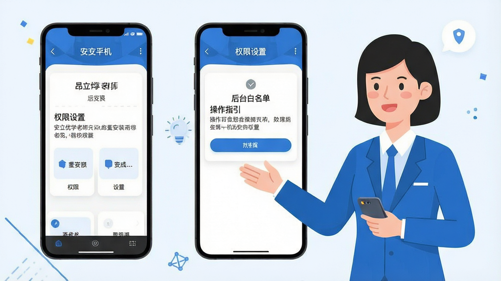 昂立优学老师 手机安装步骤示意图 安卓手机 安装界面 权限设置 后台白名单 操作指引 扁平化风格 蓝白配色 干净画面 高画质