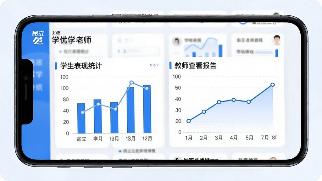 昂立优学老师 学情分析界面 数据图表 柱状图 折线图 学生表现统计 教师查看报告 手机屏幕 简洁扁平化设计 蓝白配色 高清画质