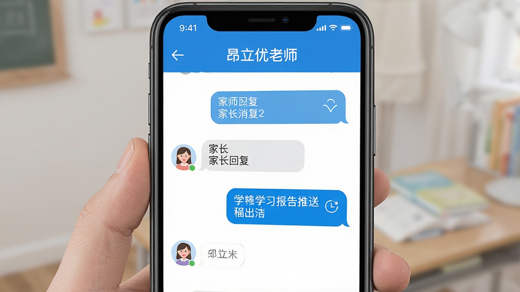 昂立优学老师 家校沟通界面 消息列表 家长回复 学习报告推送 手机聊天界面风格 教师与家长对话 扁平化设计 蓝白配色 干净无多余元素 高画质