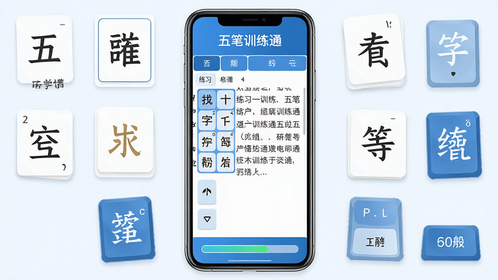五笔训练通软件主界面全貌展示,画面中央是手机屏幕,屏幕上显示着五笔字根键盘布局和练习文章,界面以蓝白配色为主,顶部有“五笔训练通”文字标识,底部有练习进度条,周围环绕着字根卡片和键盘按键图标,风格简洁现代扁平化,细节清晰,画质干净无多余元素