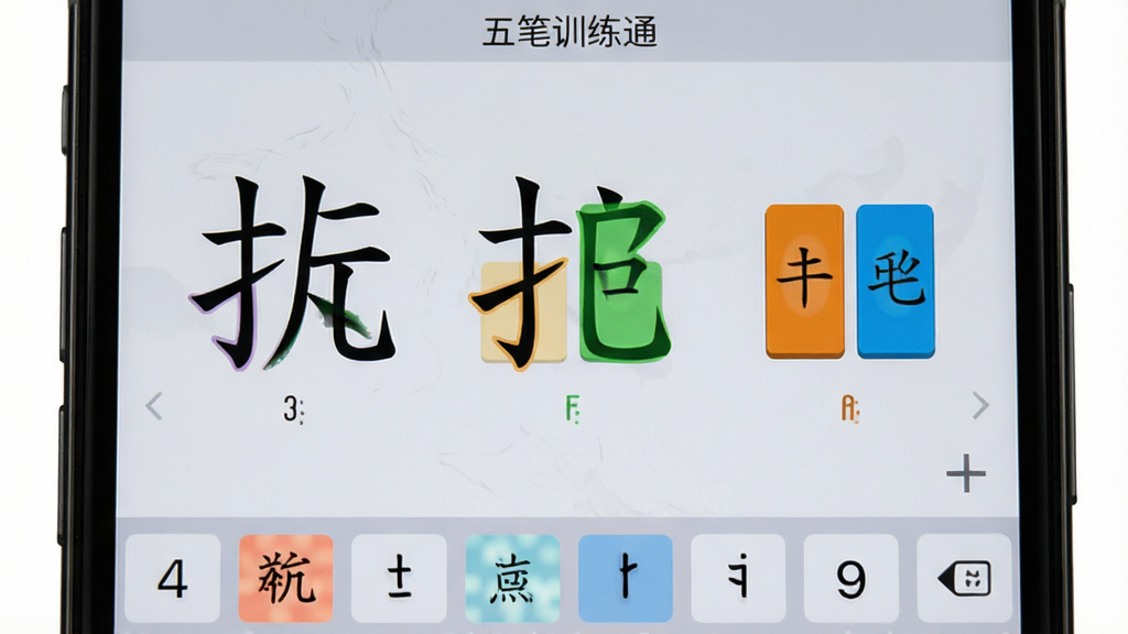 五笔训练通拆字练习界面特写,手机屏幕显示一个汉字被拆解成几个字根部件,每个部件用不同颜色标注,下方有对应的键盘按键高亮提示,界面背景是浅灰色,文字清晰,风格简洁教学风,画质干净无多余元素,屏幕上方有“五笔训练通”小字标识