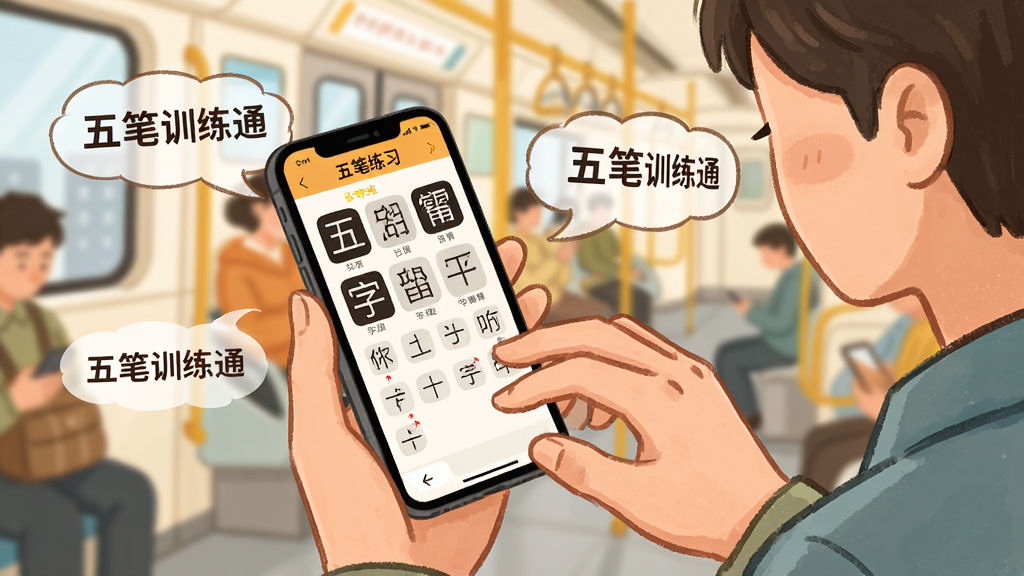 五笔训练通新手练习场景图,画面中一个人拿着手机在地铁上练习五笔打字,手机屏幕显示字根练习界面,周围有“五笔训练通”文字气泡,风格生活化插画风,色彩温暖,画质干净无多余元素