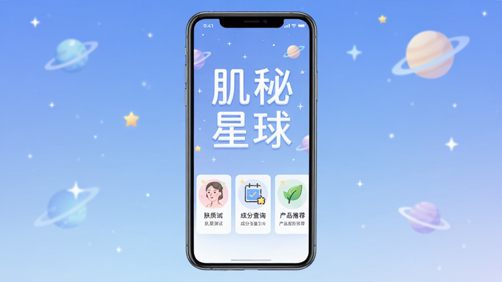 肌秘星球App主界面全貌展示,画面中央是手机屏幕,屏幕内显示“肌秘星球”四个大字,下方有肤质测试、成分查询、产品推荐三个功能卡片,背景是柔和的星空蓝渐变,点缀着星星和星球元素,风格简约现代,排版清晰,画质干净无多余元素