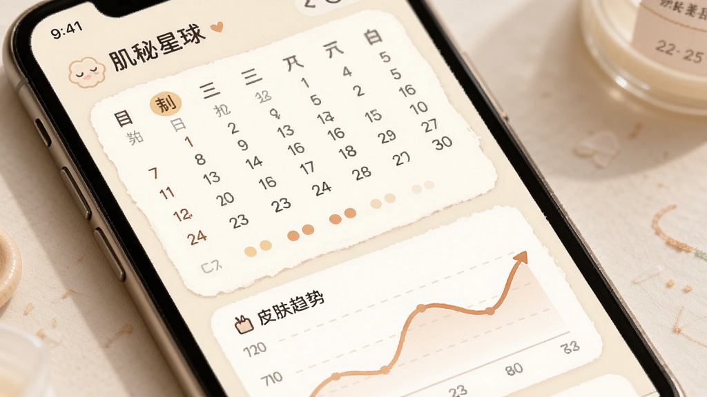 肌秘星球护肤日记界面,手机屏幕内显示“肌秘星球”和日历视图,日期下方有小圆点标记,屏幕下方有皮肤趋势折线图,背景是米白色,风格温馨记录感,画质干净