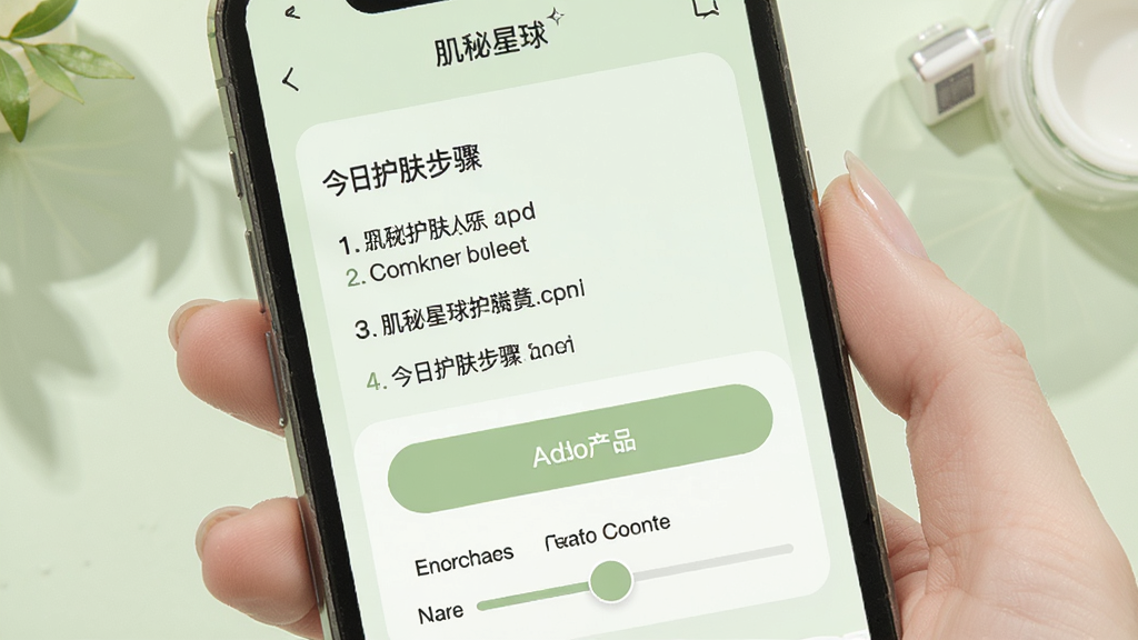 肌秘星球护肤日记记录页面,手机屏幕内显示“肌秘星球”和今日护肤步骤,下方有添加产品按钮和皮肤状态打分滑块,背景是淡绿色,风格清新自然,画质干净无多余元素