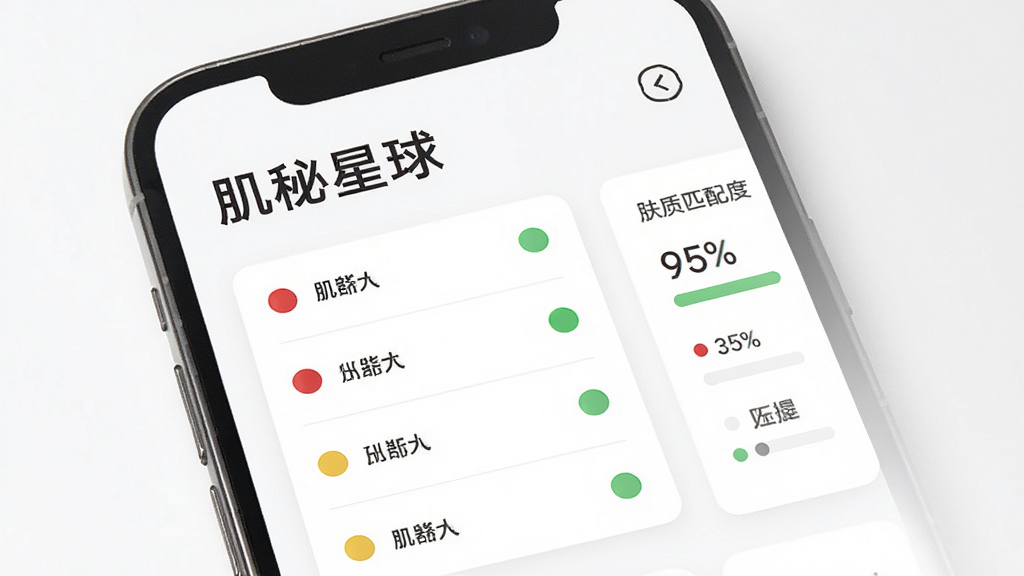 肌秘星球成分查询界面,手机屏幕内显示“肌秘星球”标题,下方是成分列表,每一项前面有红黄绿小圆点,屏幕右侧有肤质匹配度百分比,背景是干净的白色卡片式设计,风格专业清爽,画质清晰