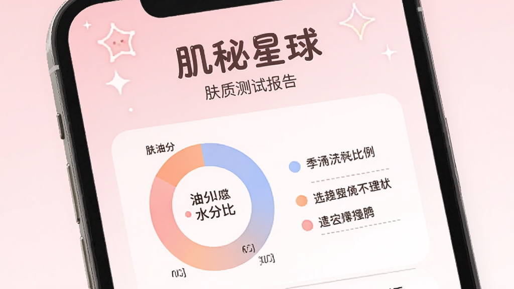肌秘星球肤质测试结果页面,手机屏幕内显示“肌秘星球”和肤质报告标题,下方有圆形图表展示油分水分比例,旁边有文字建议,背景是淡粉色渐变,风格温柔可爱,画质干净