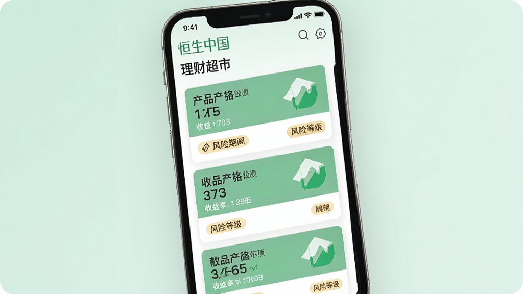 恒生中国App理财超市页面,手机屏幕显示多款理财产品卡片式列表,每张卡片包含产品名称、收益率、期限、风险等级标签,界面色彩柔和,以绿色和白色为主,布局清晰,风格现代,画质干净,无多余元素