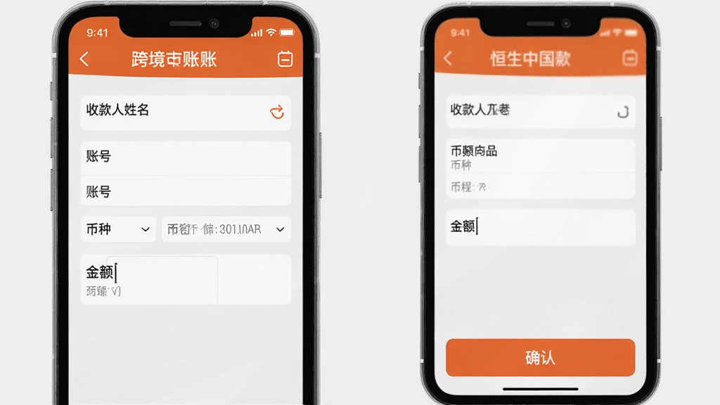 恒生中国App跨境转账操作界面,手机屏幕显示汇款表单,包含收款人姓名、账号、币种选择、金额输入框,界面底部有确认按钮,整体布局清晰,文字标签明确,风格简洁商务,背景为浅灰色,画质干净,无多余元素