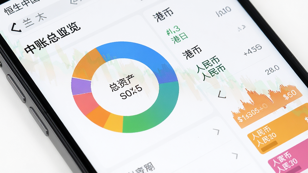 恒生中国App账户总览页面特写,手机屏幕显示清晰的资产环形图与列表,不同币种账户以不同颜色区分,界面带有“总资产”“港币”“人民币”等文字标签,背景为干净的白色,风格现代扁平,画质干净,无多余元素