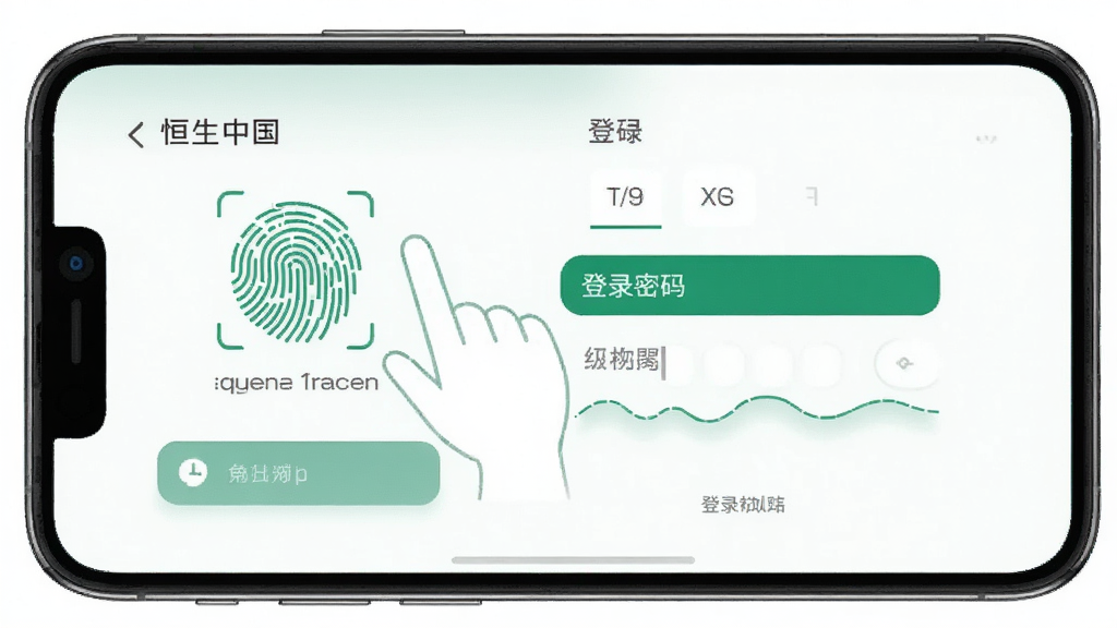 恒生中国App安全设置与登录界面操作指引,手机屏幕显示指纹识别图标和登录密码输入框,旁边有手指按压指纹的示意,界面简洁,配色为绿色和白色,风格现代科技感,画质干净,无多余元素