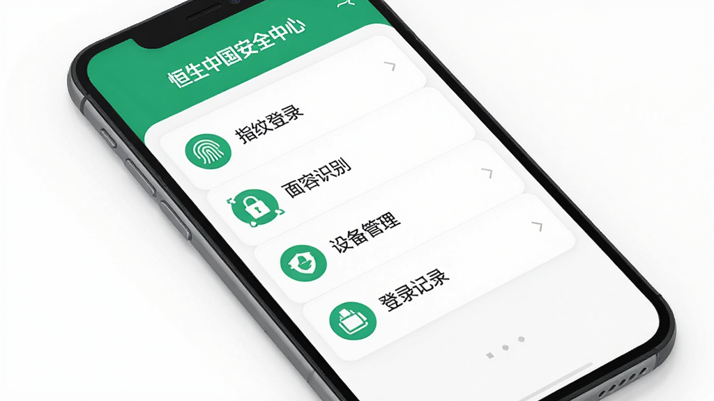 恒生中国App安全中心页面,手机屏幕显示安全设置选项列表,包括指纹登录、面容识别、设备管理、登录记录等图标和文字,界面简洁,配色以绿色和白色为主,风格商务安全,画质干净,无多余元素