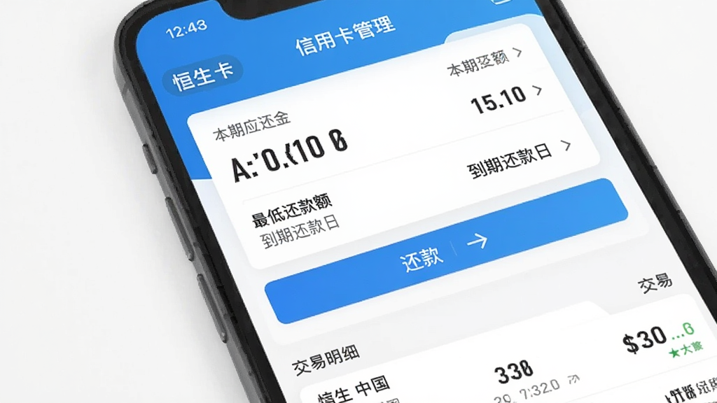 恒生中国App信用卡管理界面,手机屏幕显示信用卡账单概览,包括本期应还金额、最低还款额、到期还款日,下方有还款按钮和交易明细列表,界面布局清晰,文字标签明确,风格现代扁平,画质干净,无多余元素
