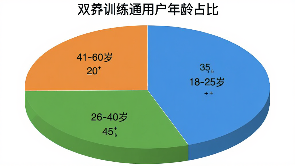 双拼训练通用户年龄分布饼状图,饼图分为三块,18-25岁占35%,26-40岁占45%,41-60岁占20%,颜色分别为蓝色、绿色、橙色,图表标题为