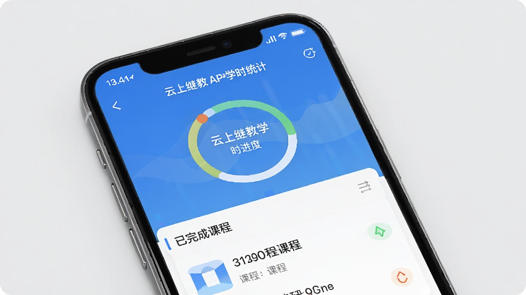 һ�����ϼ̽�APPѧʱͳ��ҳ���ͼƬ����������Ϊ�ֻ���Ļ����Ļ����ʾ���ϼ̽�ѧʱ���Ȼ�������ɿγ��б����������½ṹ��������ݿ��ӻ���ϸ�����������ʸɾ��޶���Ԫ�أ�����Ϊǳ��ɫ