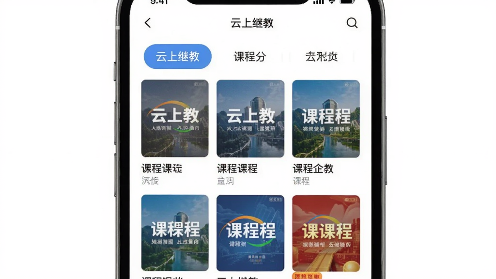 һ�����ϼ̽�APP�γ��б�ҳ���ͼƬ����������Ϊ�ֻ���Ļ����Ļ����ʾ���ϼ̽̿γ̷����ǩ�Ͷ���γ̷��棬���ֲ����������У������ˬ��࣬ϸ�����������ʸɾ��޶���Ԫ�أ�����Ϊ��ɫ