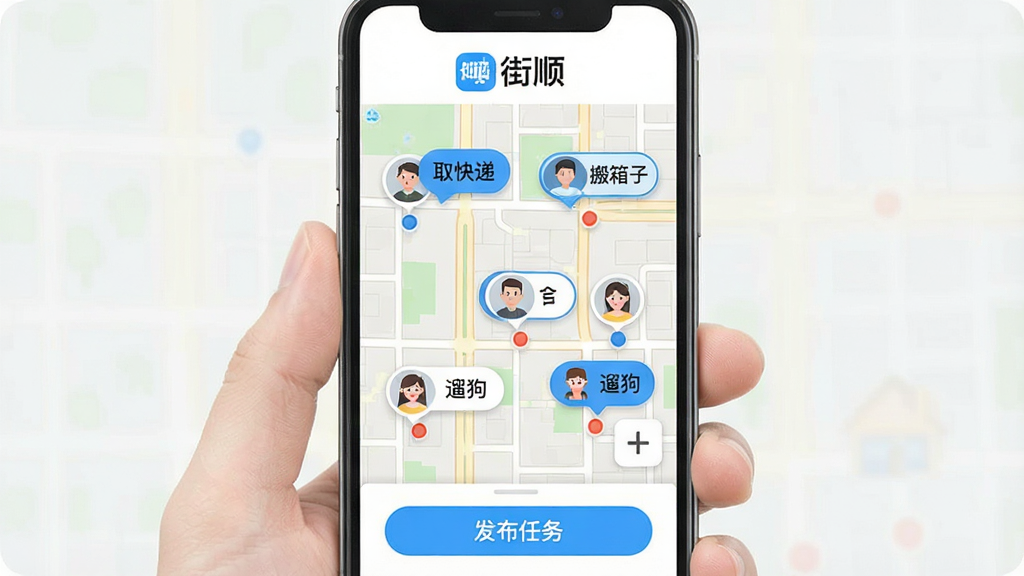 һ��չʾ��˳App����ƥ������ͼƬ���ֻ���Ļ������ʾһ��������ͼ����ͼ���ж���û�ͷ����������ݣ�������д�š�ȡ��ݡ��������ӡ����޹�������������Ļ�����С���˳��Logo���ײ��з�������ť����������죬�����������޶���Ԫ��