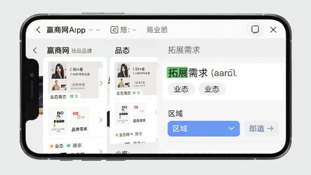 Ӯ����AppƷ����չҳ���ͼ���ֻ���Ļ��ʾƷ���б�����չ������Ϣ������ҵ̬��ǩ������ɸѡ��ť������Ϊǳ��ɫ�����沼����������������࣬���ʸɾ�