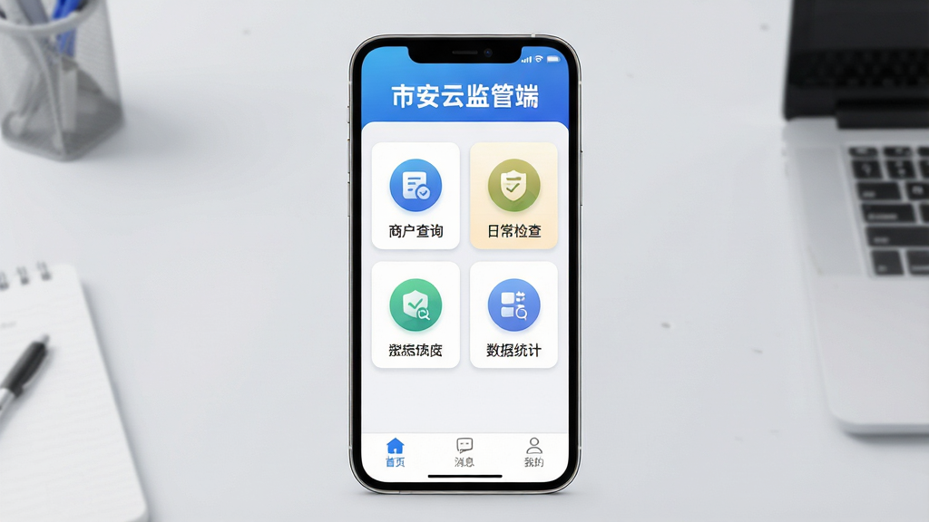 �а��Ƽ�ܶ� �ֻ�Ӧ��������չʾͼ������������һ�����������ֻ�����Ļ����ʾ�а��Ƽ�ܶ�APP��ҳ��������ɫ���������д�С��а��Ƽ�ܶˡ���ɫ�����֣��м��������̻���ѯ���ճ���顢����ͳ��������ͼ�갴ť���ײ�����������ҳ����Ϣ���ҵ�����ѡ�����Ϊǳ�Ұ�ɫ����̨��������Ű������������ñ�ƽ����Ʒ��ͼ��Բ�����ʸУ����ʸɾ��޶���Ԫ�أ�������Ⱦ